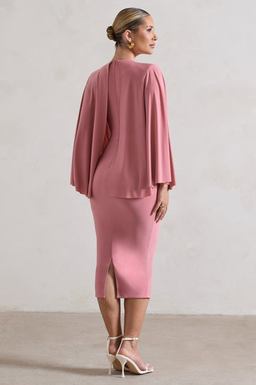 Mishka Blush Pink Plunge-Neck Cape Midi Dress